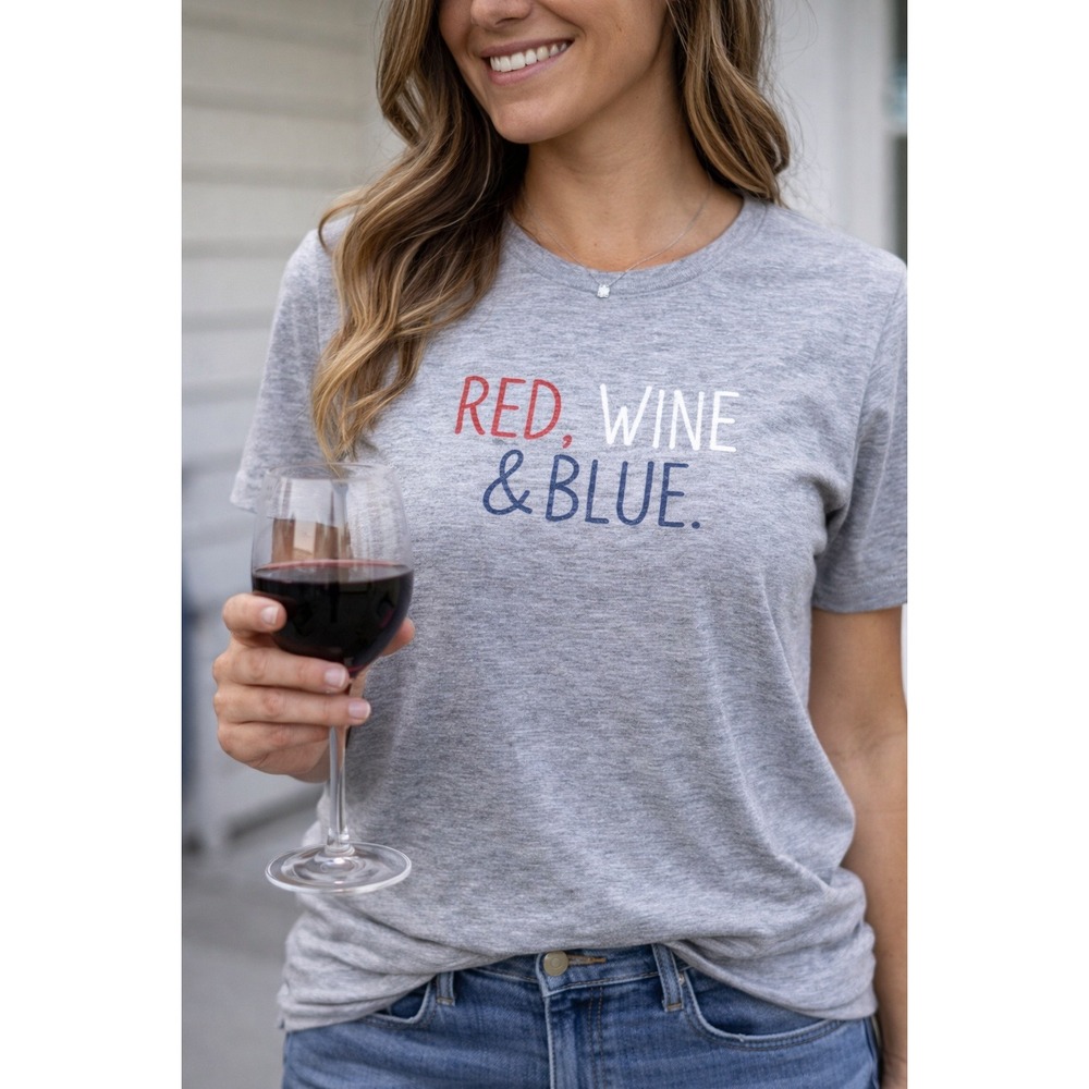 NWT Rae Dunn Red Wine And Blue Graphic Tee Gray Size L Patriotic‎ Shirt